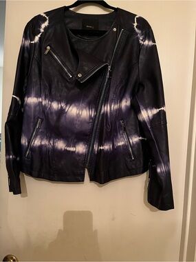 Skinnygirl Navy and White Tie-Dye Faux Leather Moto Jacket, 2x